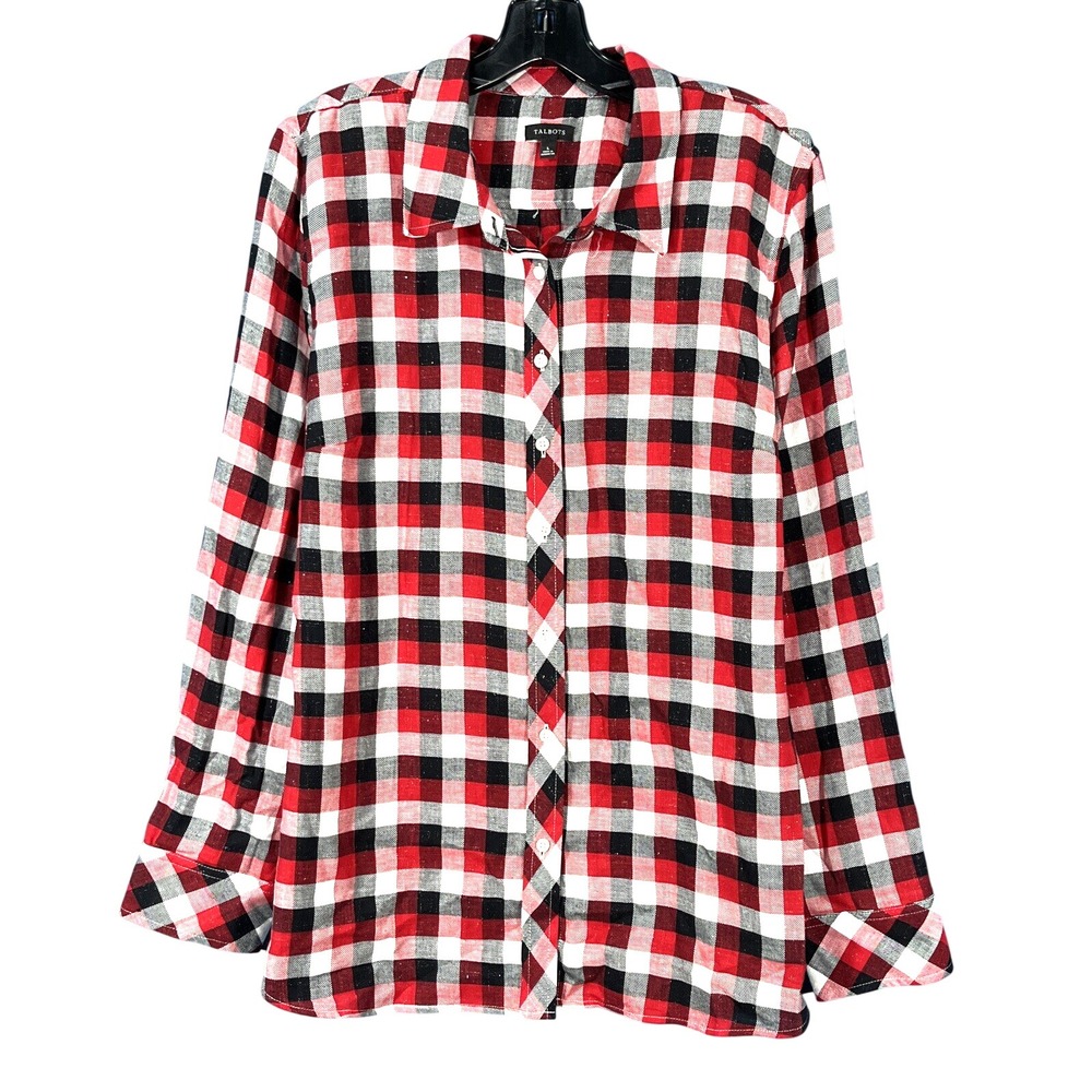 TALBOTS Red/Black/White METALLIC Buffalo Plaid Check TWILL BUTTON-UP Shirt Top L
